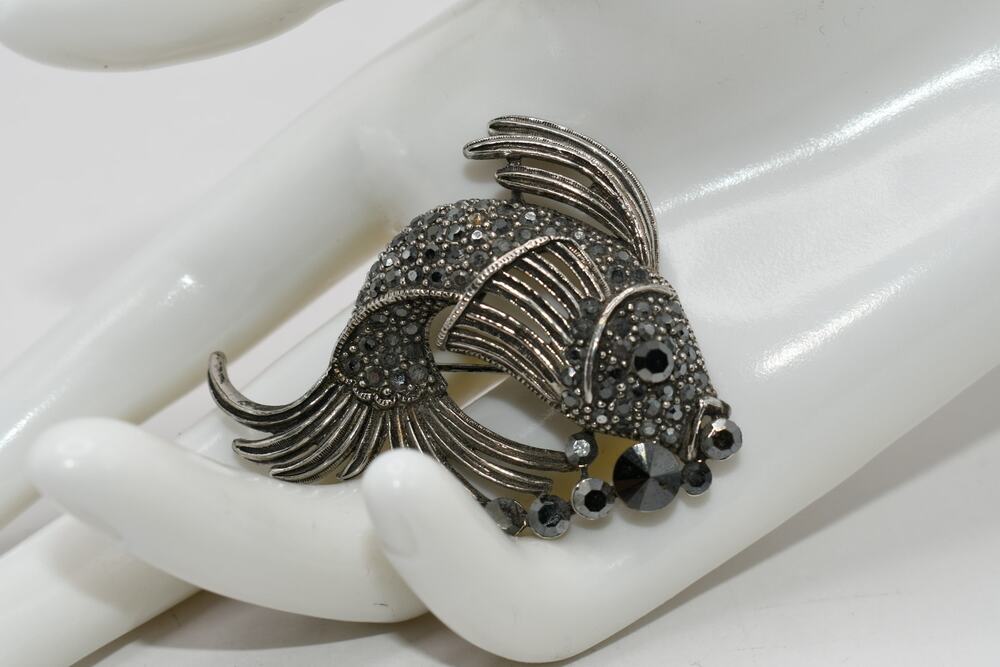 Vintage WM Marcasite Fish Brooch Silver Tone Rhinestone Figural Pin